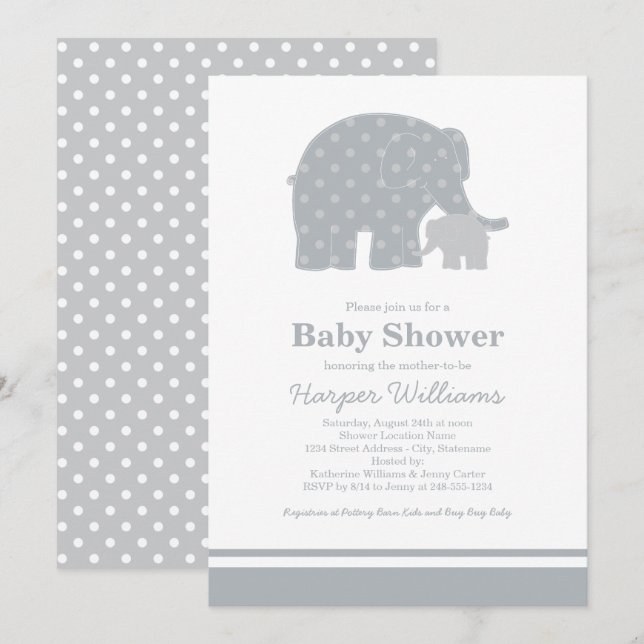 Mother Elephant Grey Dots Baby Shower Invitation (Front/Back)