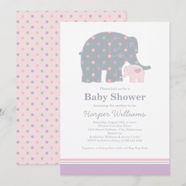 Mother Elephant Pink and Purple Dots Baby Shower Invitation (Front/Back)