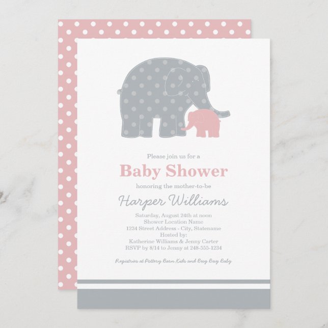 Mother Elephant Pink Grey Dots Baby Shower Invitation (Front/Back)