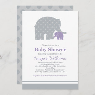 Mother Elephant Purple Grey Dots Baby Shower Invitation