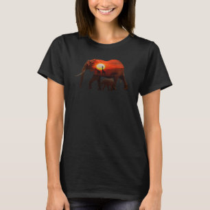 Mother Elephant With Baby Giraffe Rhino In Sunset T-Shirt