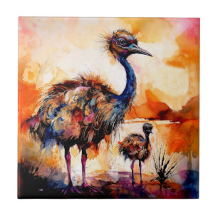Mother Emu and Chick in Outback Australia Ceramic Tile