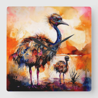 Mother Emu and Chick in Outback Australia  Square Wall Clock
