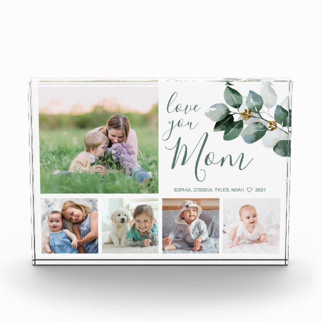 Mother Family Photo Collage Watercolor Eucalyptus Block (Front)