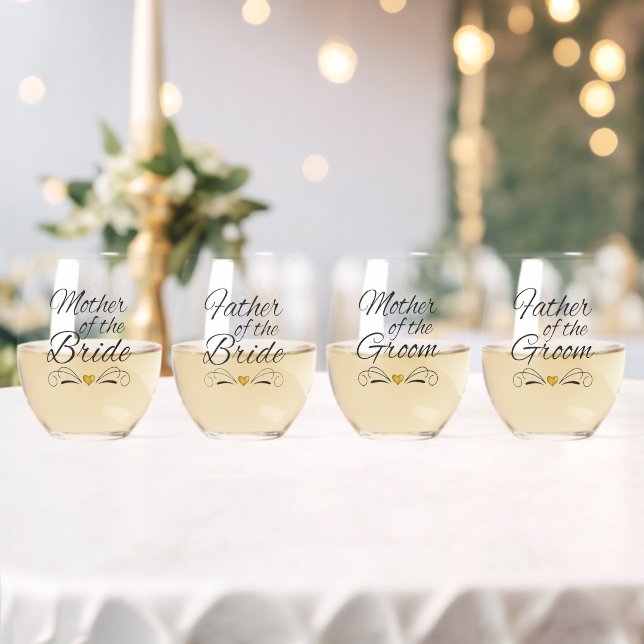 Mother Father of The Bride Groom | Heart Of Gold  Stemless Wine Glass (Insitu (Wedding))