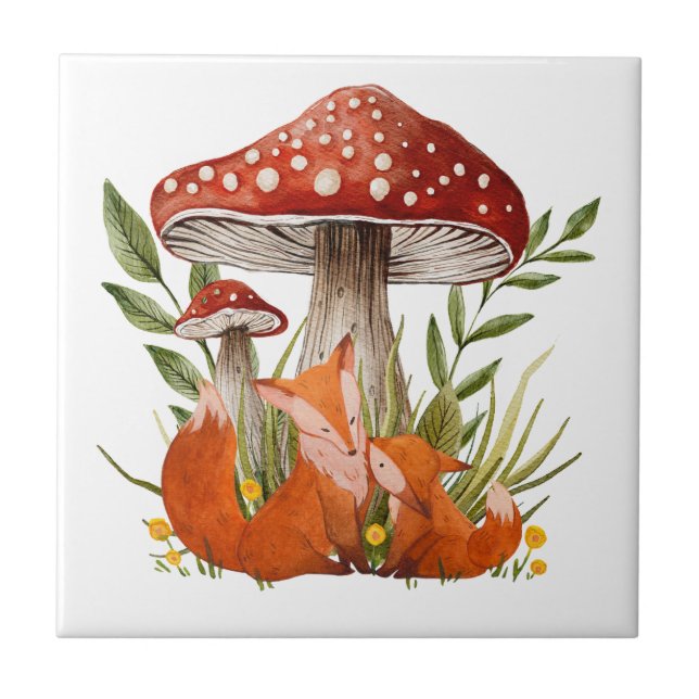 Mother Fox and Her Baby under Big Mushrooms Ceramic Tile (Front)
