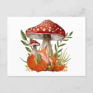 Mother Fox and Her Baby under Big Mushrooms Postcard
