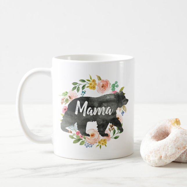 Mother Gift Mama Bear Mom Floral Cute Flowers Coffee Mug (With Donut)