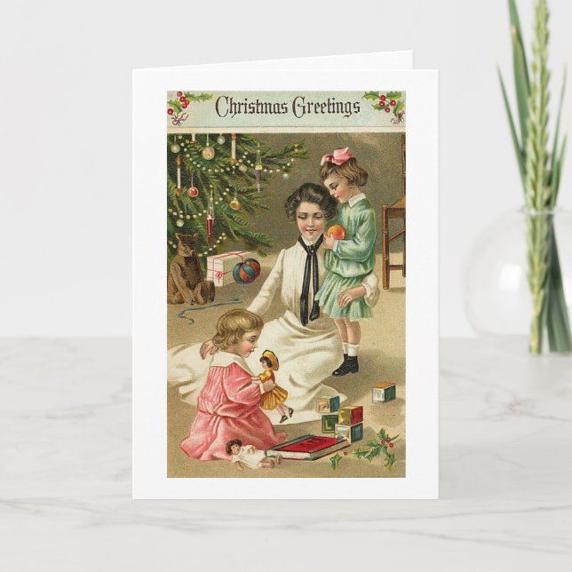 Mother, Girls and Toys At Christmas Holiday Card (Front)