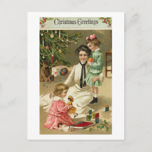 Mother, Girls and Toys At Christmas Holiday Postcard
