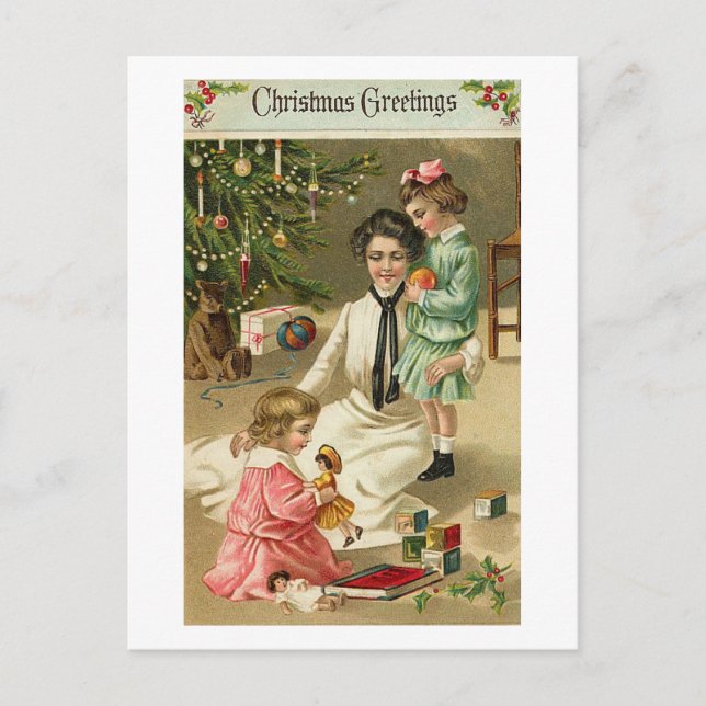 Mother, Girls and Toys At Christmas Holiday Postcard (Front)