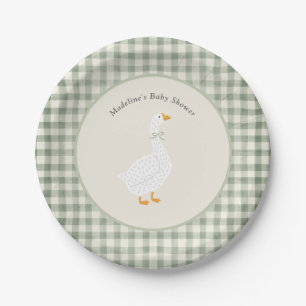 Mother Goose Sage Green Gingham Baby Shower Paper Plate