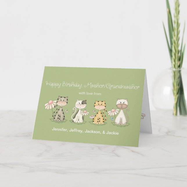 Mother/Grandmother Birthday 4 Cats - custom names Card (Front)