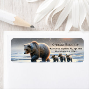 Mother Grizzly Baby Bear Cubs Frozen Arctic Tundra Return Address Label
