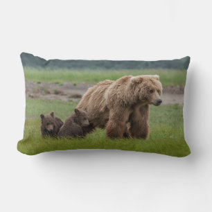 Mother Grizzly Bear with Twin Cubs Lumbar Cushion