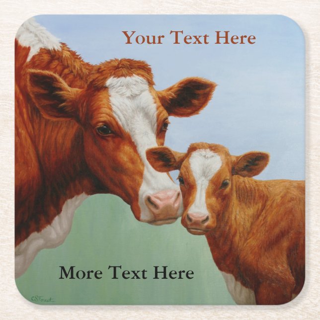 Mother Guernsey Cow and Cute Calf Square Paper Coaster (Front)
