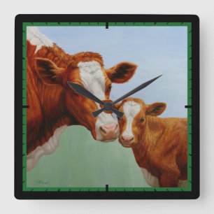 Mother Guernsey Cow and Cute Calf Square Wall Clock