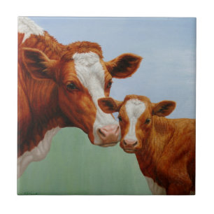 Mother Guernsey Cow and Cute Calf Tile