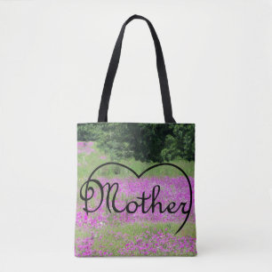 Mother heart on pink wildflowers tote bag