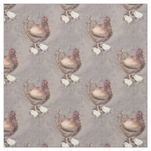 Mother Hen and Chicks Watercolor Fabric