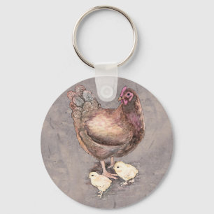 Mother Hen and Chicks Watercolor Key Ring