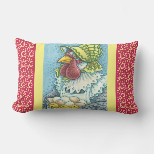 Mother Hen, Eggs, Chicks CHICKEN LUMBAR PILLOW Red (Front)