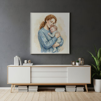 Mother Holding Sleeping Baby Watercolor Poster
