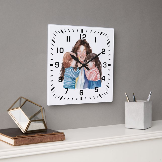 Mother Hugging Children Watercolor Art Square Wall Clock (Creator Uploaded)