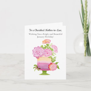Mother in Law Carnations January Birthday Cake Card