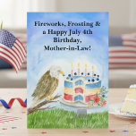 Mother-in-Law July 4th Birthday Bald Eagle  Card<br><div class="desc">Elegant Patriotic Birthday for Mother-in-Law, Refined Eagle and Independence Day Cake Watercolor with a graceful, polished look. This hand-painted design features a stately bald eagle beside a beautifully styled red, white, and blue cake, softly glowing with candles and finished with fresh blueberries. A serene sky, greenery, and subtle floral accents...</div>