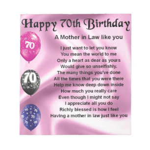 Mother in Law Poem - 70th Birthday Notepad