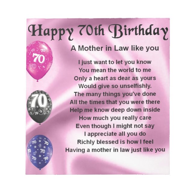 Mother in Law Poem - 70th Birthday Notepad (Front)