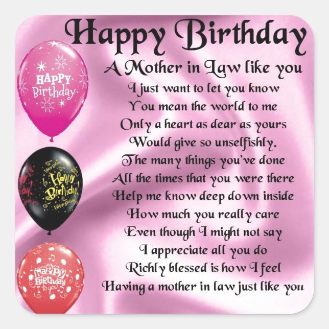 Mother in Law Poem  -  Happy Birthday Square Sticker (Front)