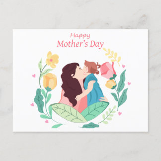 Mother  kisses daughter against background of flow holiday postcard