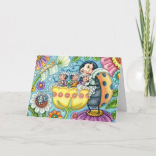 MOTHER LADYBUG & CHILDREN, TULIP BUBBLE BATH Blank Card