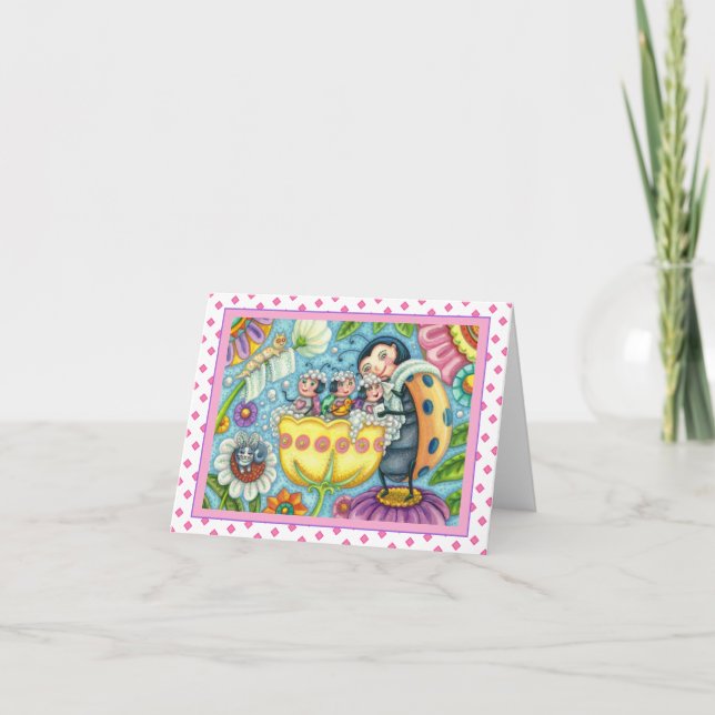MOTHER LADYBUG & CHILDREN, TULIP BUBBLE BATH Blank Card (Front)