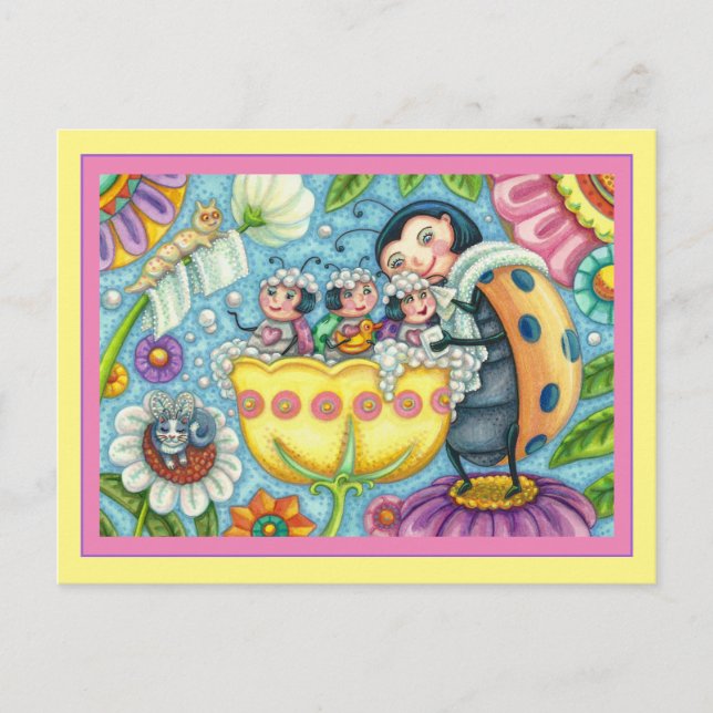 MOTHER LADYBUG & CHILDREN, TULIP BUBBLE BATH POSTCARD (Front)