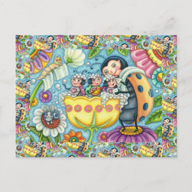 MOTHER LADYBUG & CHILDREN, TULIP BUBBLE BATH POSTCARD (Front)