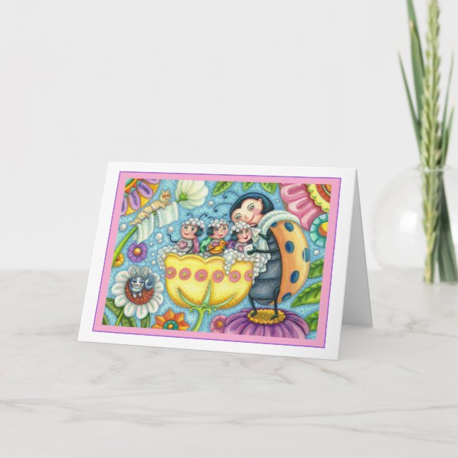 MOTHER LADYBUG & CHILDREN, TULIP TUB BUBBLE BATH H HOLIDAY CARD (Front)