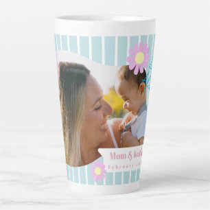 Mother Love Stripes Daisy Floral Photo Blue Latte Mug