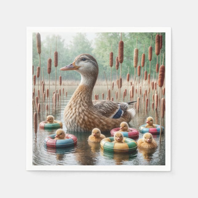 Mother Mallard Duck With Ducklings Napkin (Front)
