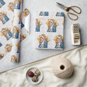 Mother Mary Gold Floral Halo Catholic Christian Wrapping Paper