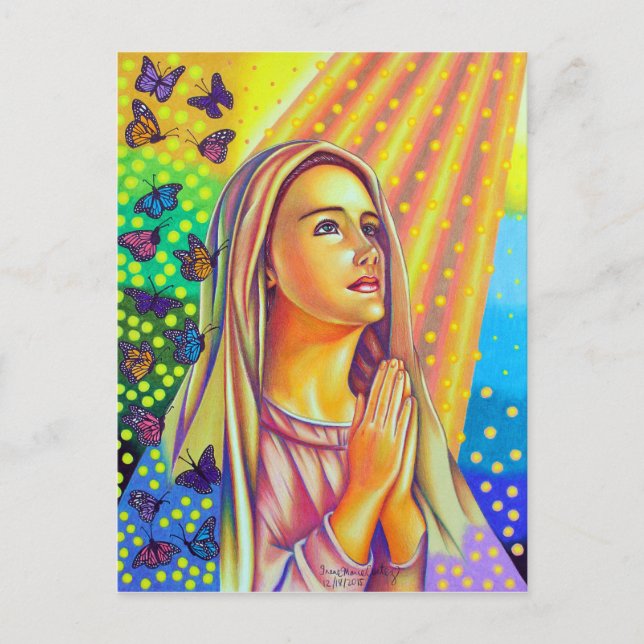 Mother Mary Praying With Light From Above Postcard (Front)