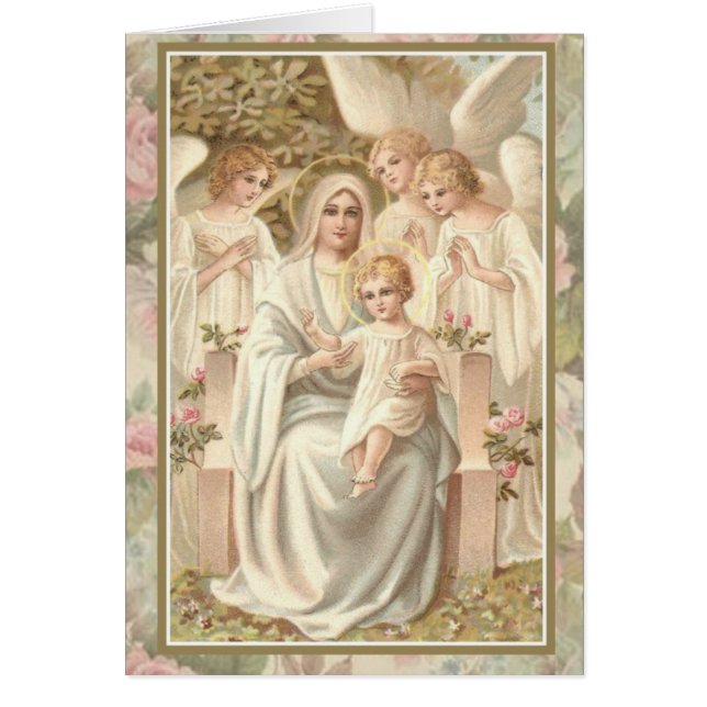 Mother Mary w Jesus and Angels Card Pastel Roses! (Front)