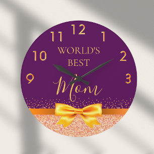 Mother mom purple gold bow large clock