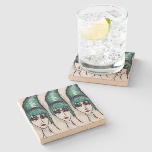 Mother Monster Woman Portrait Teal Beehive Pop Art Stone Coaster