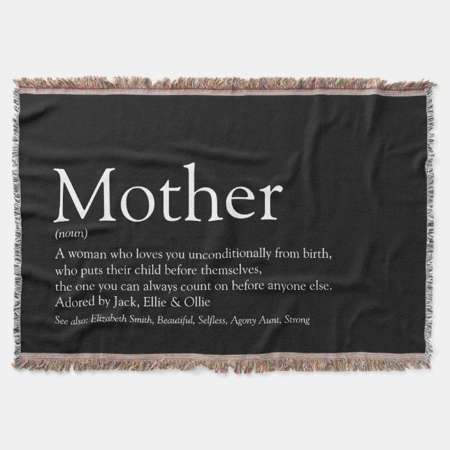 Mother Mum Definition Black and White Throw Blanket (Front)