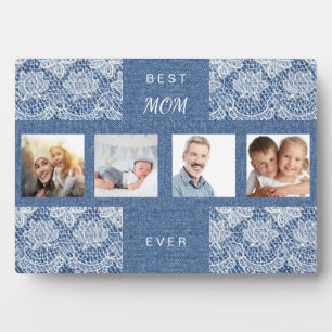 Mother mum photo collage blue denim lace plaque