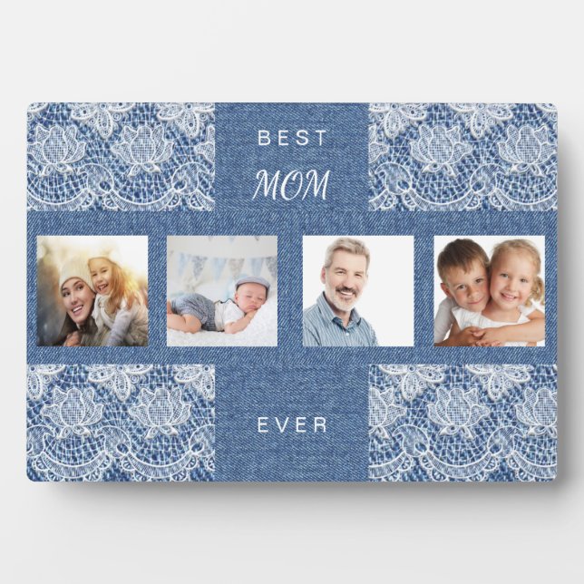 Mother mum photo collage blue denim lace plaque (Front)