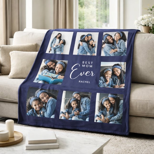 Mother mum photo collage navy blue fleece blanket (Creator Uploaded)